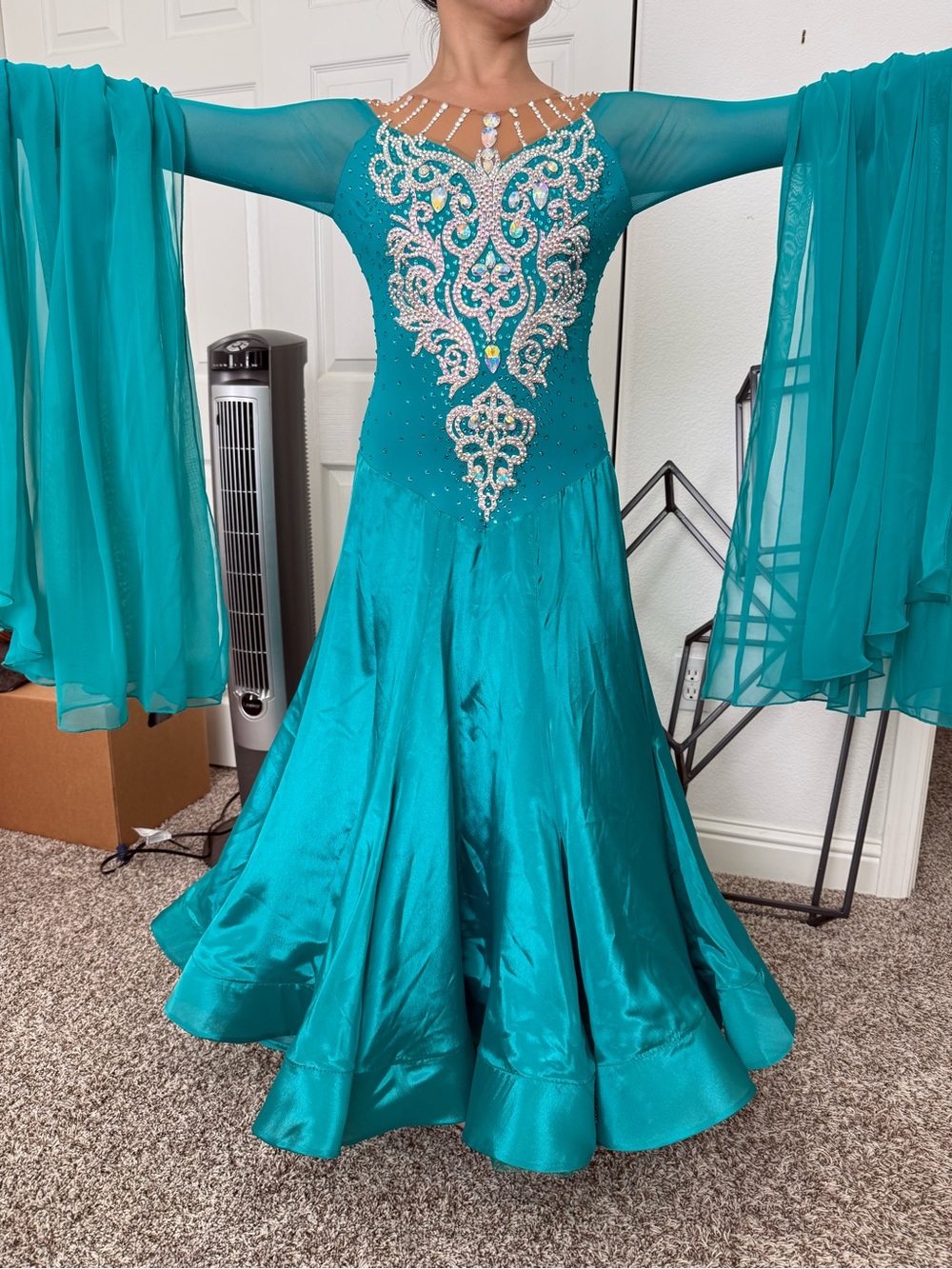 Peacock blue teal Long-Sleeve Standard Ballroom Dress AB Crystal